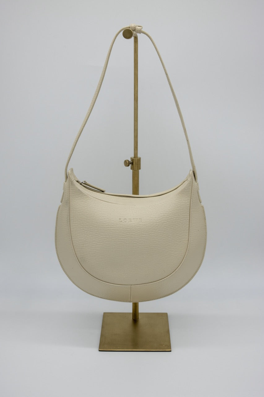 Loewe Vintage Crescent Shoulder Bag Cream Textured Leather Hobo