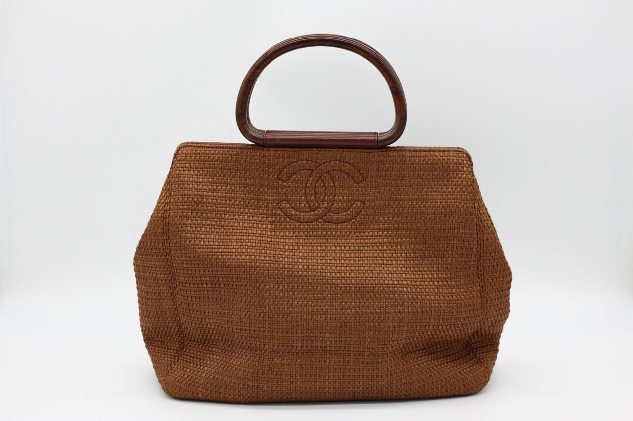 Chanel Brown Raffia Straw Bag with Wooden Handle