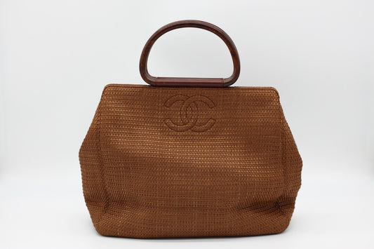 Chanel Brown Raffia Straw Bag with Wooden Handle
