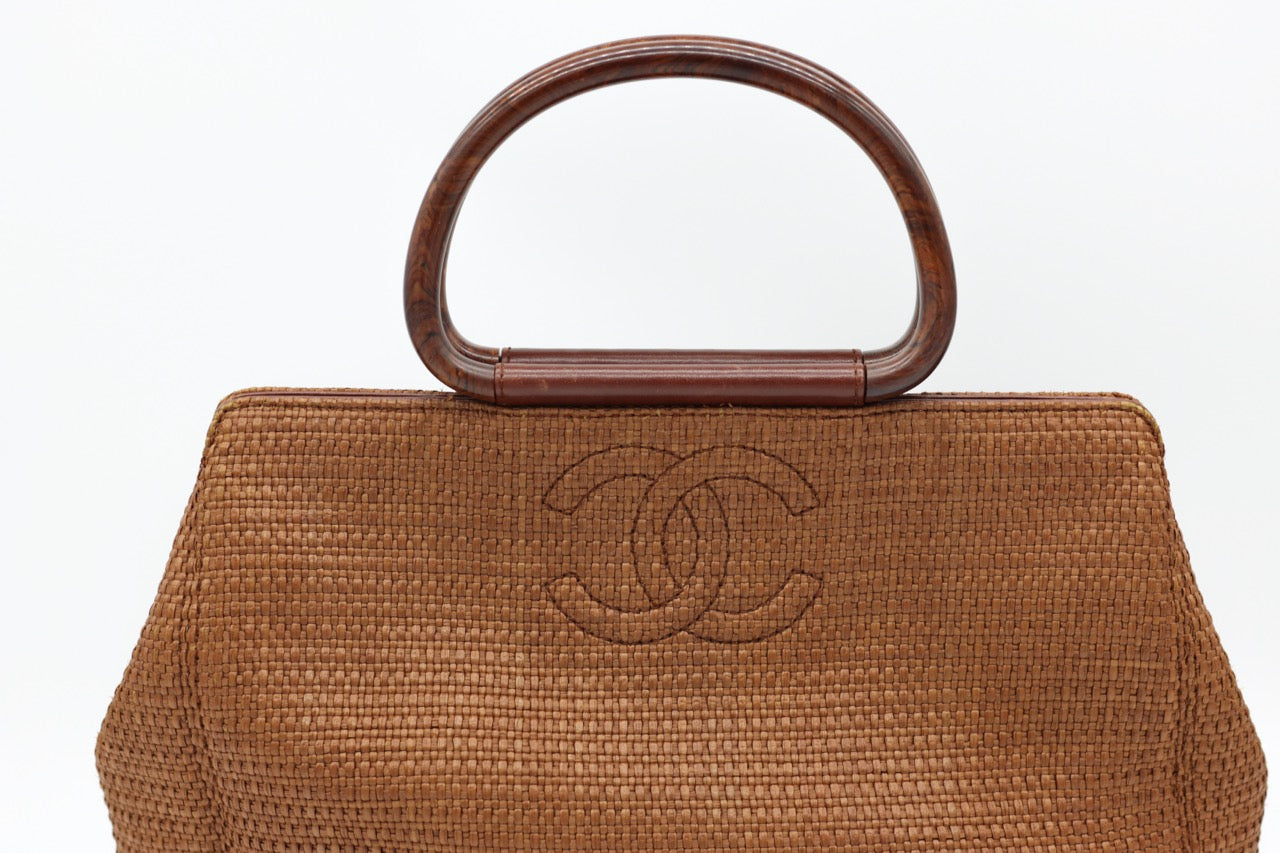 Chanel Brown Raffia Straw Bag with Wooden Handle