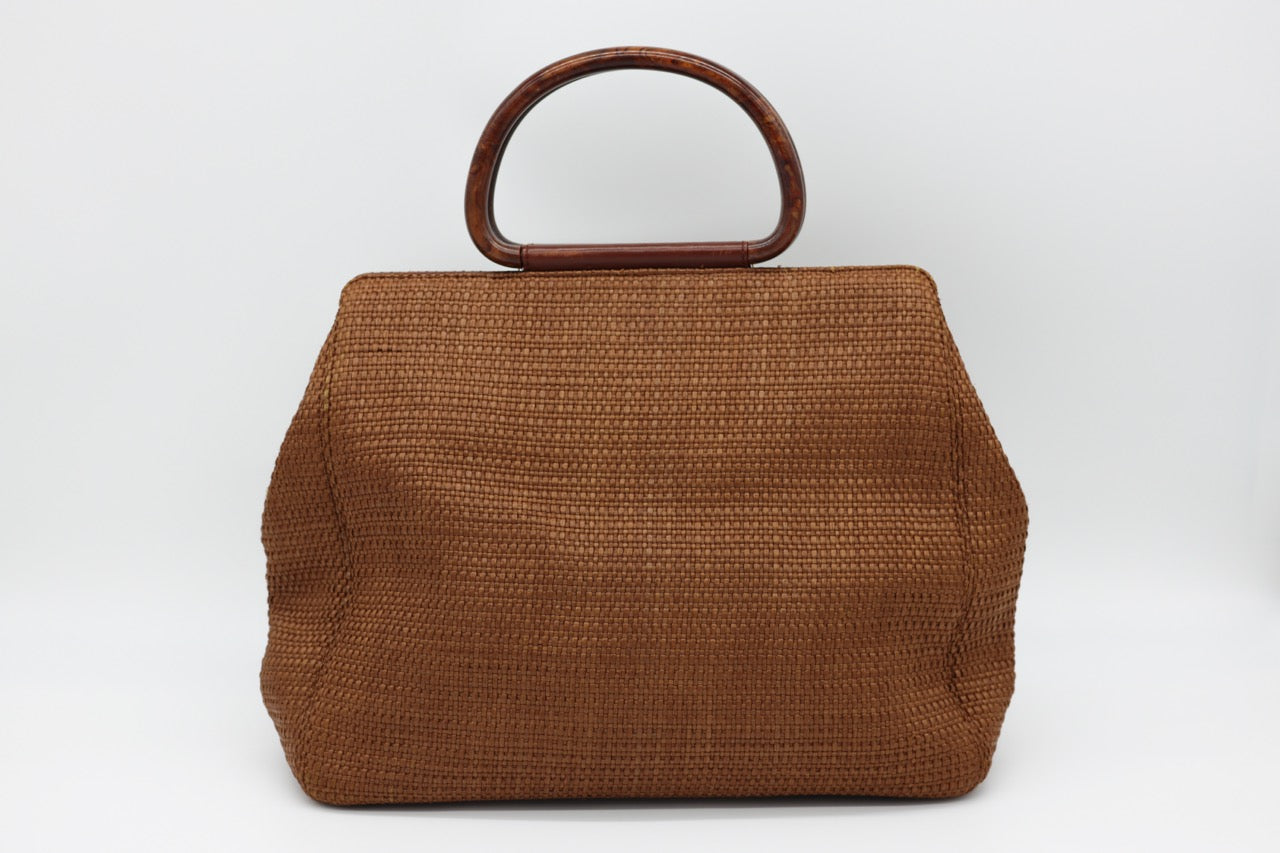 Chanel Brown Raffia Straw Bag with Wooden Handle
