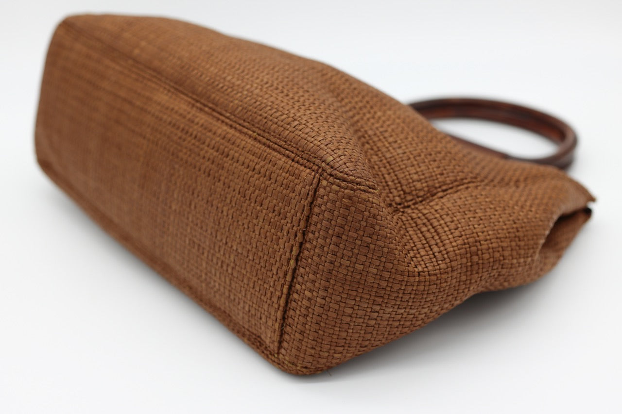 Chanel Brown Raffia Straw Bag with Wooden Handle