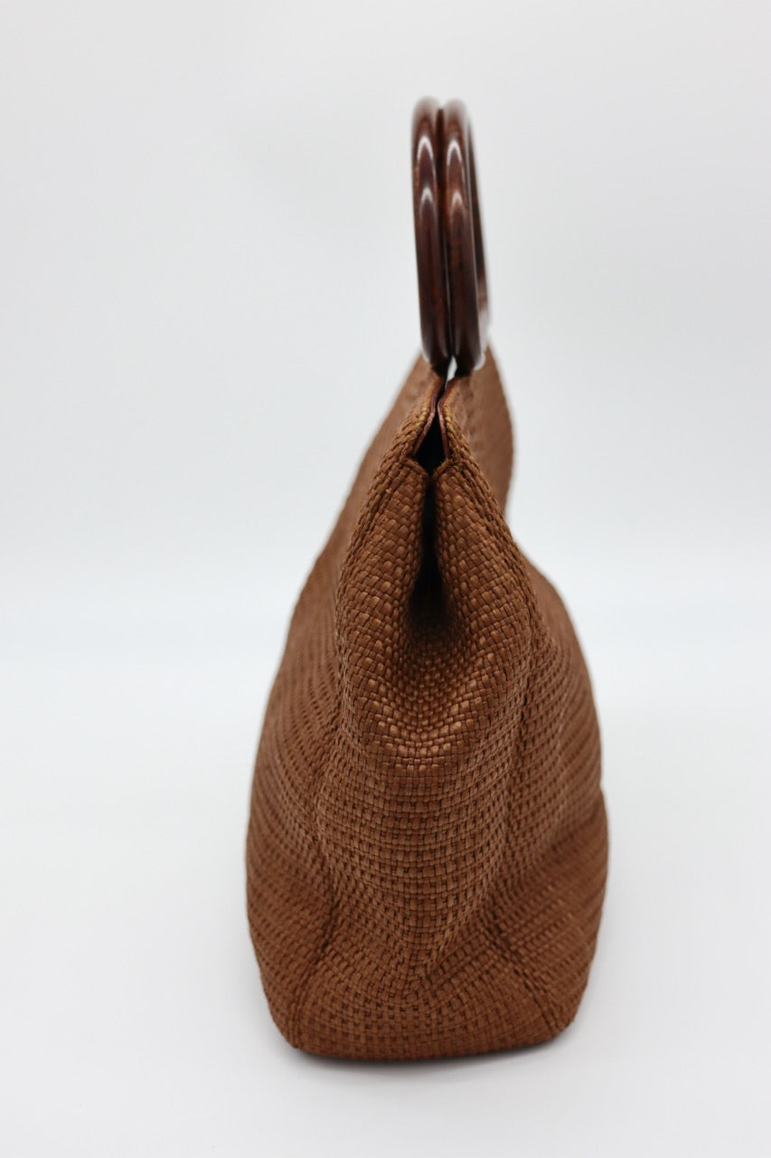 Chanel Brown Raffia Straw Bag with Wooden Handle