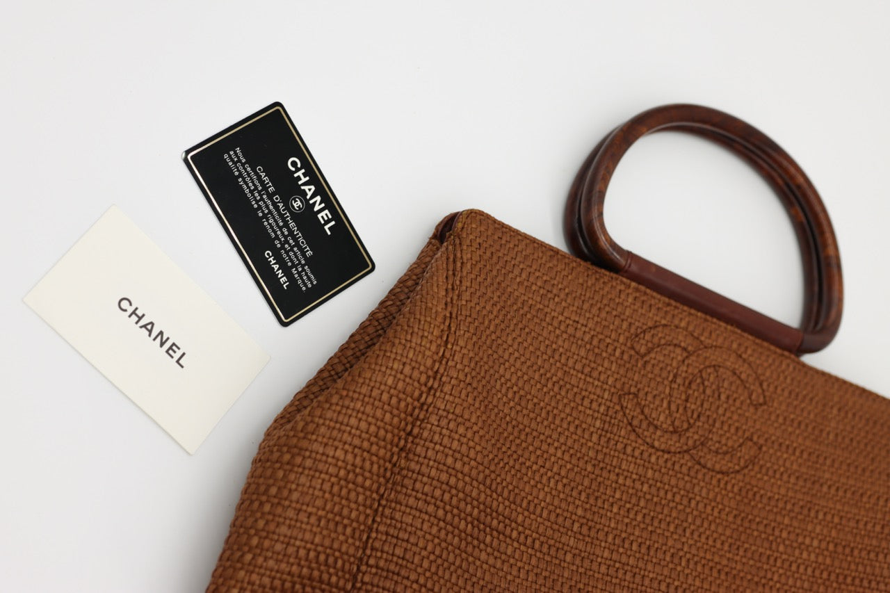 Chanel Brown Raffia Straw Bag with Wooden Handle
