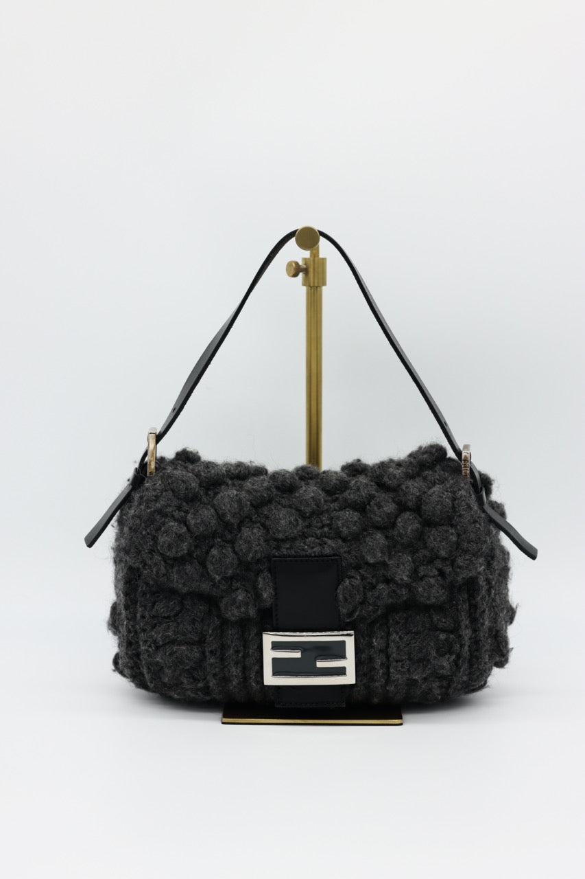 Fendi Gray Knit Crochet Knit Wool Classic Baguette Bag