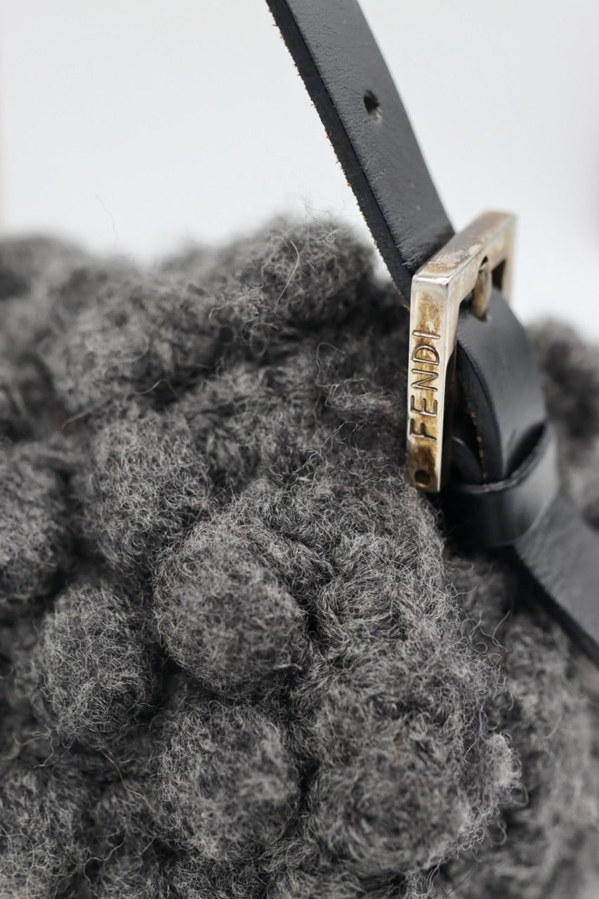 Fendi Gray Knit Crochet Knit Wool Classic Baguette Bag