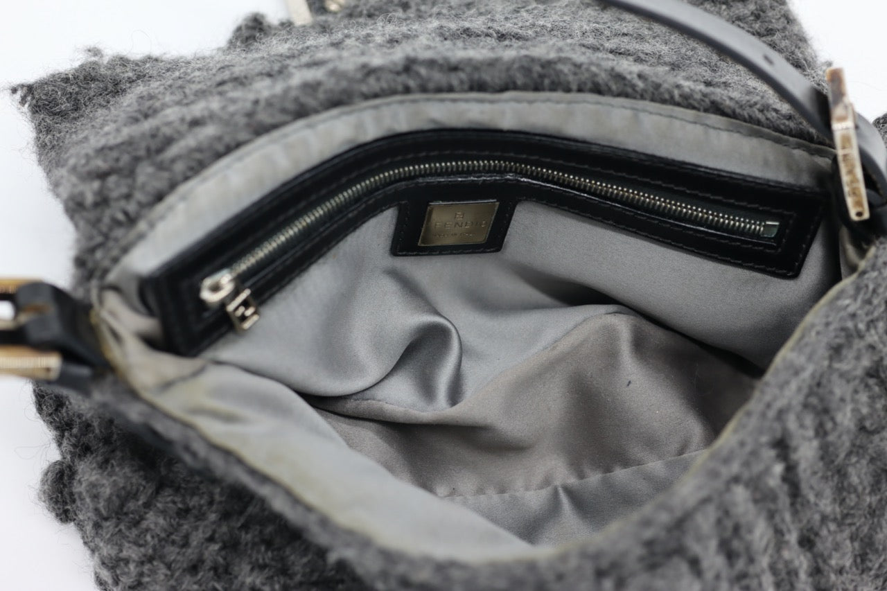 Fendi Gray Knit Crochet Knit Wool Classic Baguette Bag