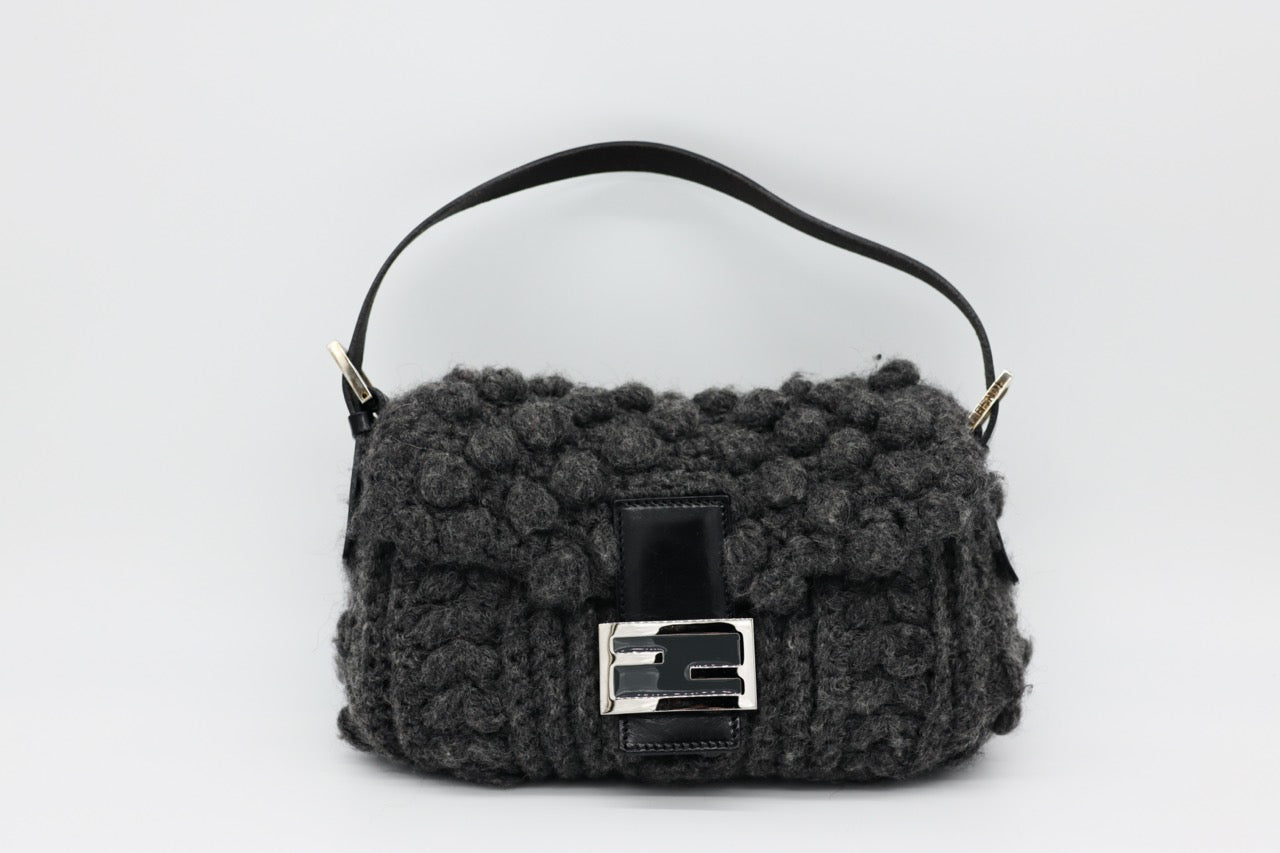 Fendi Gray Knit Crochet Knit Wool Classic Baguette Bag