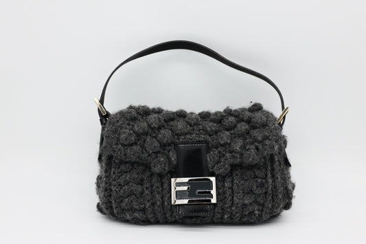 Fendi Gray Knit Crochet Knit Wool Classic Baguette Bag