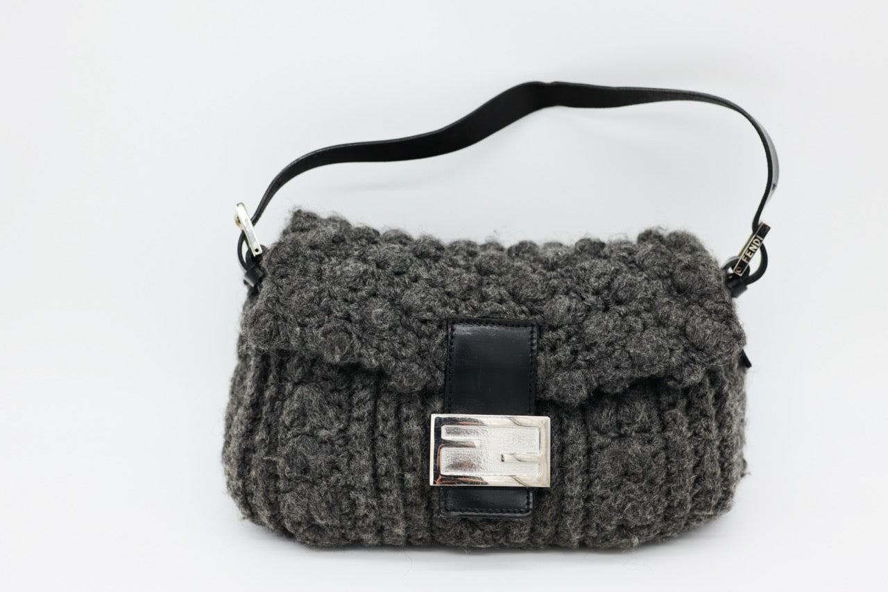 Fendi Gray Knit Crochet Knit Wool Classic Baguette Bag