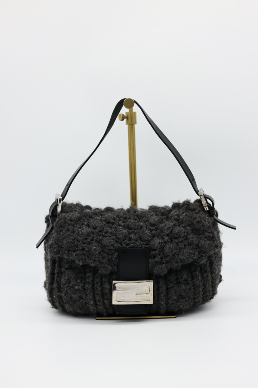 Fendi Gray Knit Crochet Knit Wool Classic Baguette Bag