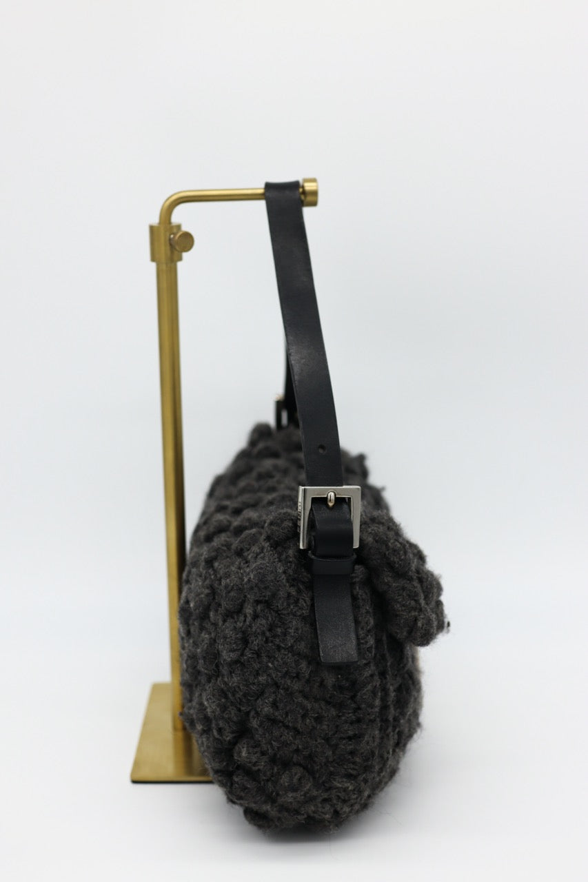 Fendi Gray Knit Crochet Knit Wool Classic Baguette Bag
