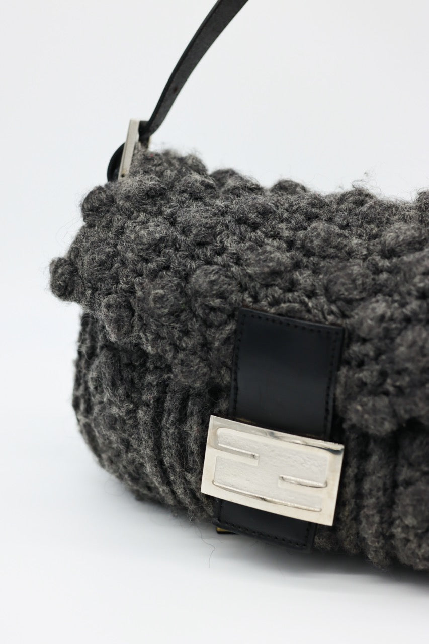 Fendi Gray Knit Crochet Knit Wool Classic Baguette Bag