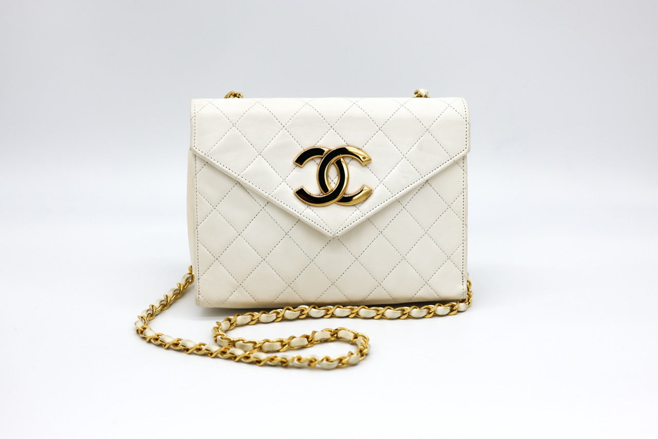 Chanel Lambskin Quilted White Envelope Bag with Large CC