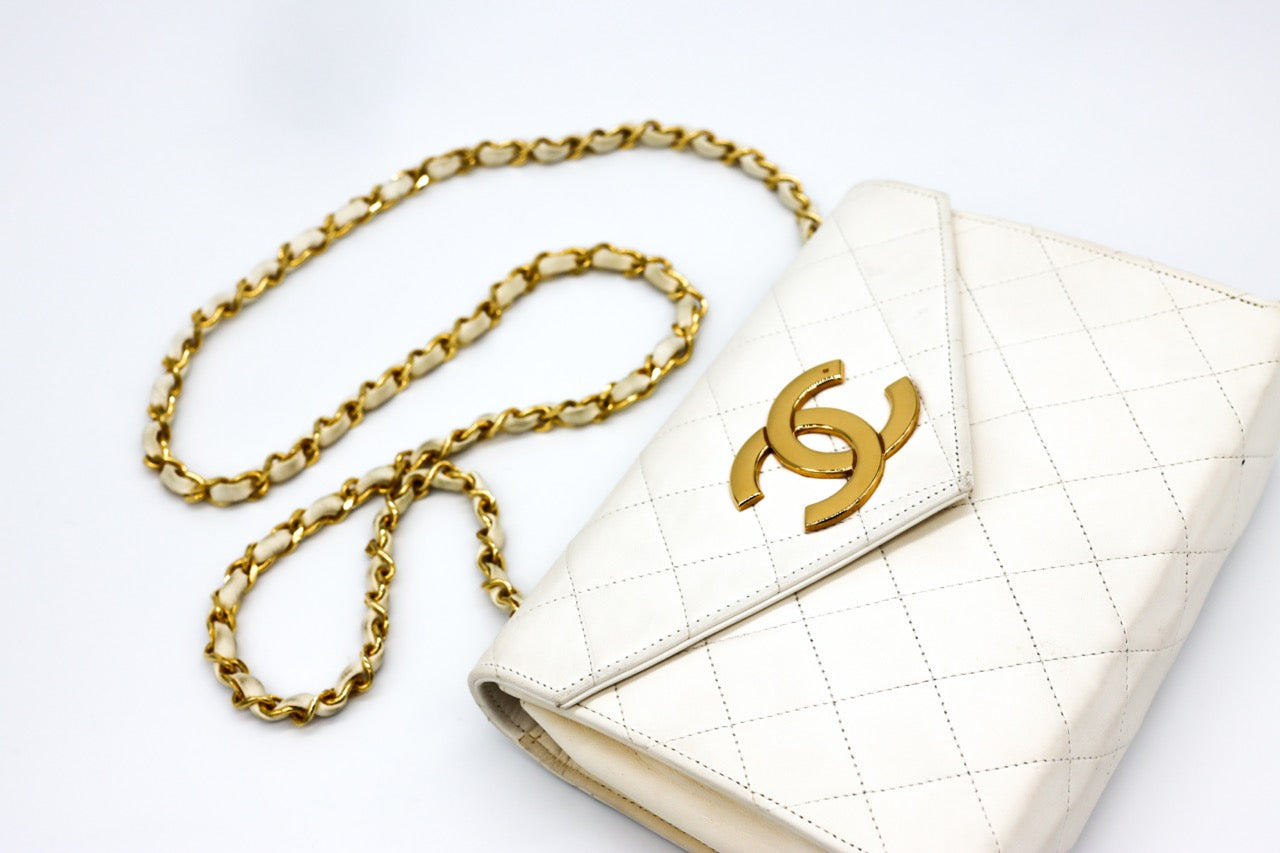 Chanel Lambskin Quilted White Envelope Bag with Large CC