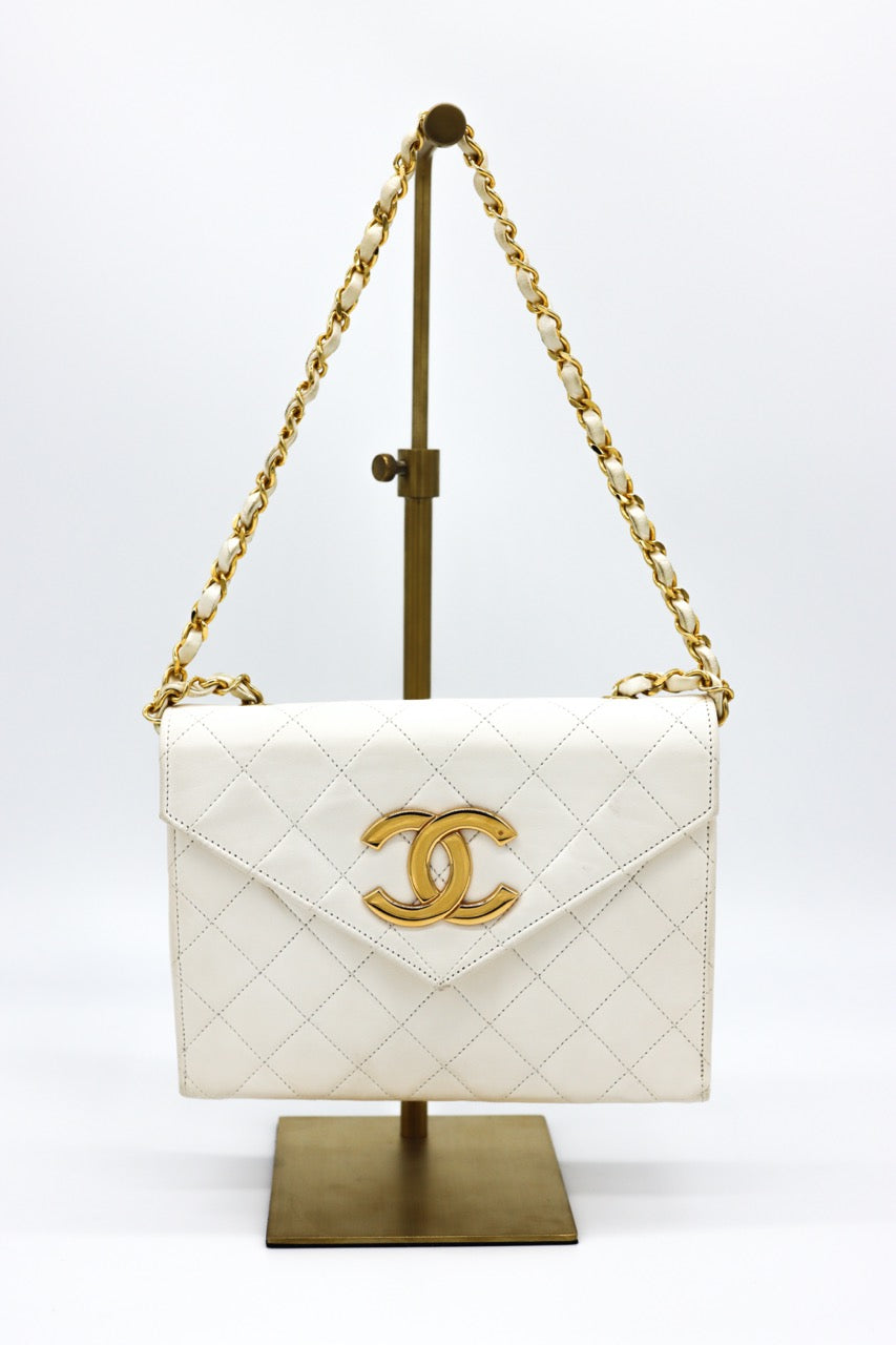 Chanel Lambskin Quilted White Envelope Bag with Large CC