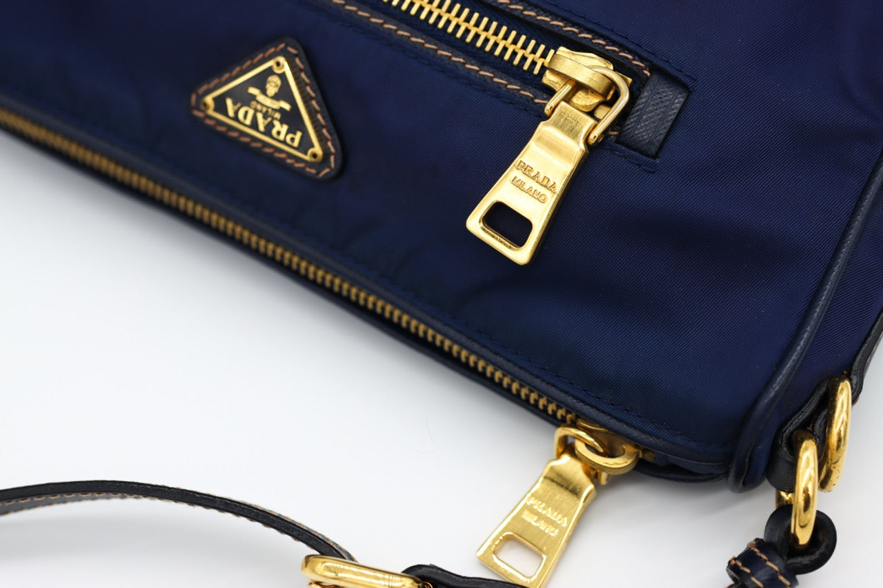 Prada Dark Blue Tessuto Baguette with Saffiano Leather