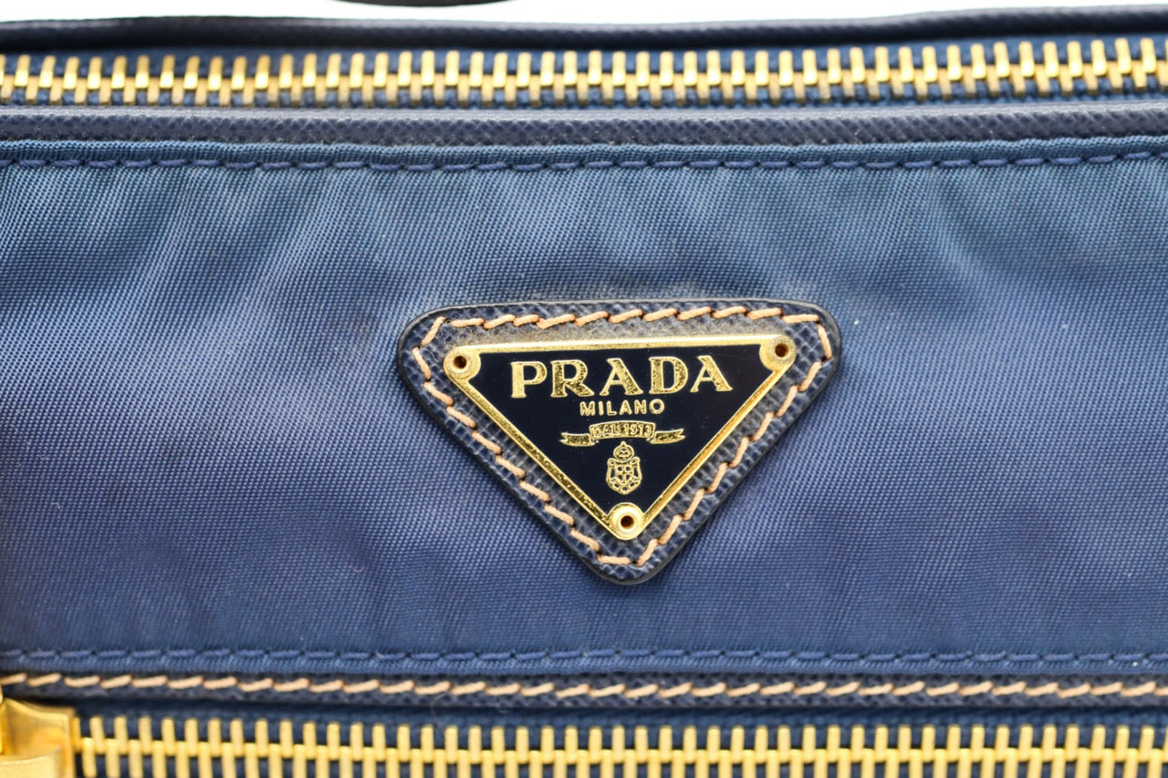 Prada Dark Blue Tessuto Baguette with Saffiano Leather