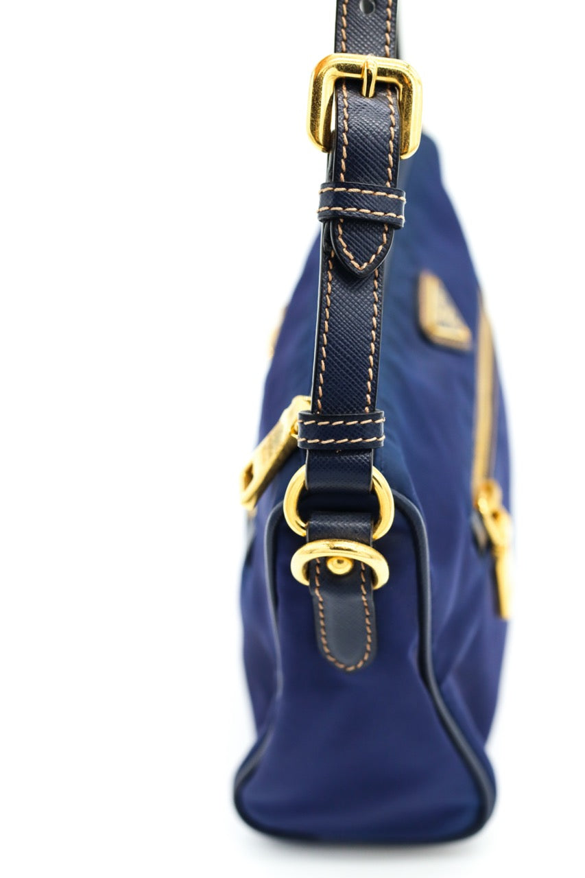 Prada Dark Blue Tessuto Baguette with Saffiano Leather