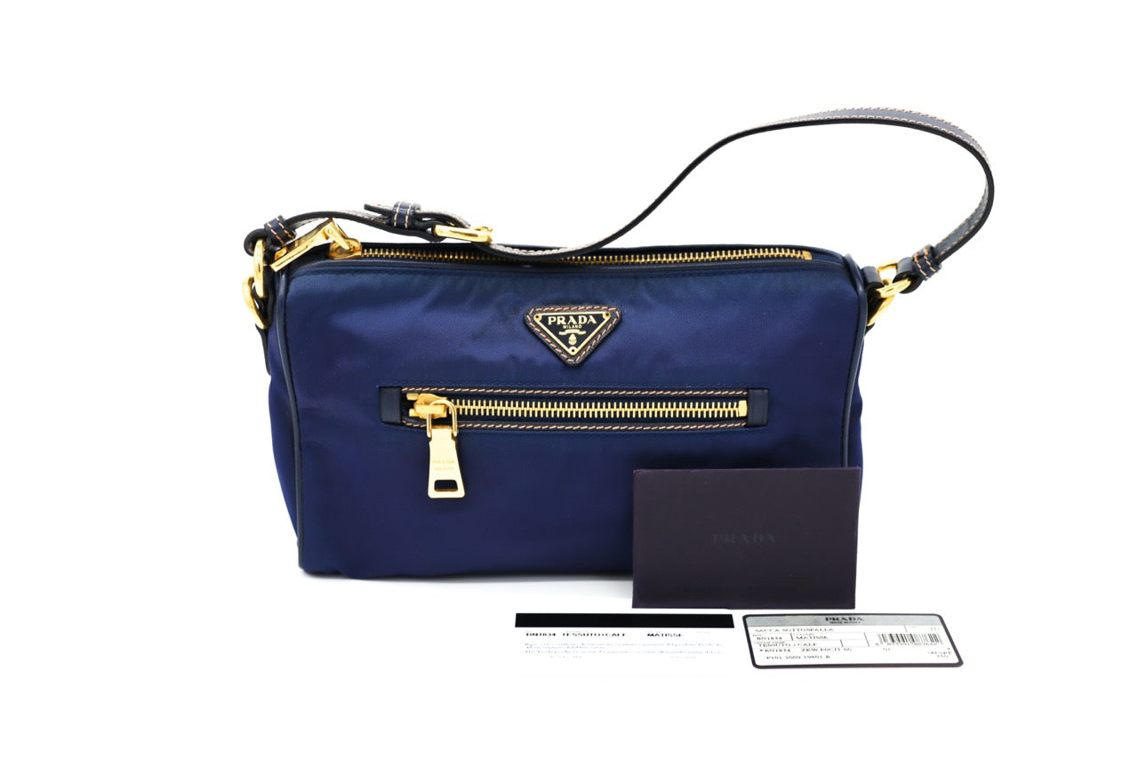 Prada Dark Blue Tessuto Baguette with Saffiano Leather